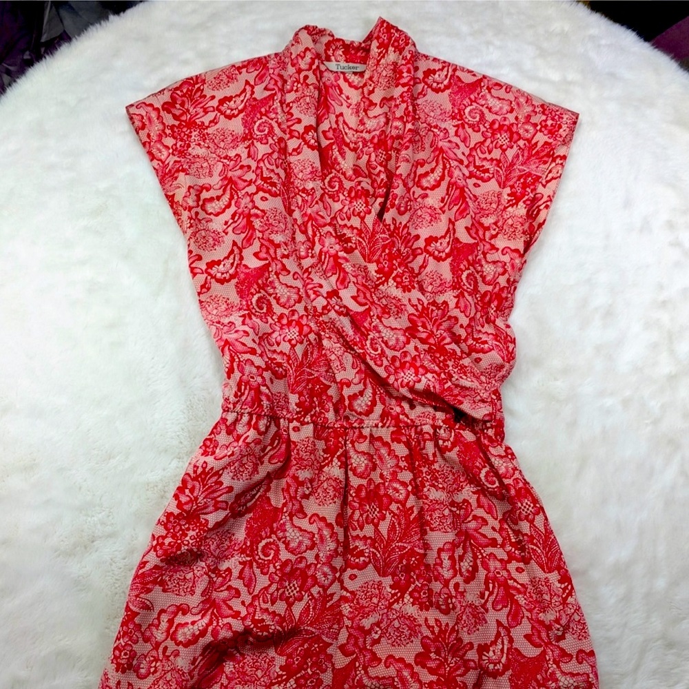 Tucker Red damask low cut cap slv high rise jumper